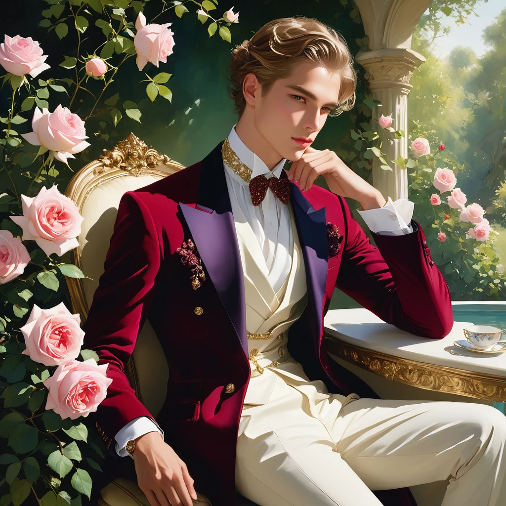 Create an image of a young man inspired by the characteristics of the rose 'The Prince.' The male model should be standing in a poised and regal posture, with one hand lightly touching his chin and the other resting by his side, evoking a sense of deep contemplation and elegance. He should be dressed in a deep, rich velvet jacket in dark red-purple or red wine, adorned with intricate embroidery and layered over a crisp white shirt, complemented by dark tailored trousers and polished black shoes. His clothing should reflect the complex, multi-petaled structure of the rose, with detailed textures and luxurious fabrics.

The composition should place the model slightly off-center, allowing for a view of a lush garden background with glossy green leaves and hints of blooming roses, creating a natural yet sophisticated setting. Soft, diffused lighting should be used to highlight the model's features and clothing, casting gentle shadows that add depth and dimension to the image. The overall atmosphere should be one of quiet intensity and refined elegance, with a subtle hint of romanticism.

The photo should be taken at eye level with a slight upward angle to emphasize the model's regal presence, using a medium-format camera like the Hasselblad H6D-100c for its exceptional detail and color accuracy. A prime lens with a wide aperture, such as the Zeiss Otus 85mm f/1.4, should be used to achieve a shallow depth of field, ensuring the model stands out sharply against the softly blurred background.

For inspiration, consider the works of photographers like Mario Testino, known for his ability to capture elegance and refinement in fashion photography, and Tim Walker, whose use of lush, dreamlike settings and intricate details would complement the theme perfectly. ((full-body image)), fashion sketching, realistic drawing, ((imperfect water color drawing background)), 