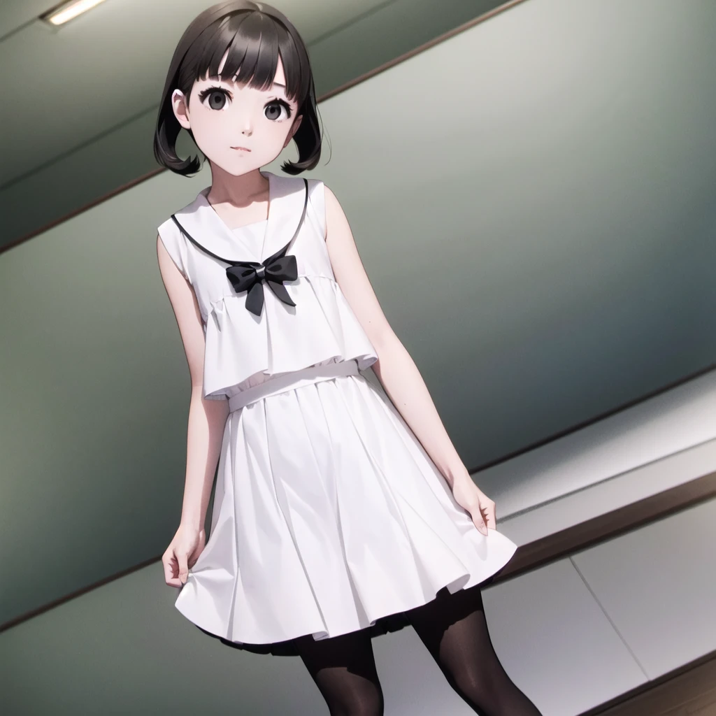 1people々 girl, clear, cute, (View your audience:1.0), detaileds sky, ((masterpiece:1.4, Highest quality)), multiple detaileds, eye shadow, SFW, (Medium Shot:1.5), Gradient Eye,
roller:addition_detailed:0.8>, (Black Pantyhose:1.2), straight,
1people々 girl, have, Sailor, Branch Eyes, short hair, Black Hair, Sailor collar, White shirt, Translucent white long skirt, Below the knee skirt, Murasa Minamitsu, hishaku、smile、Flip up the skirt