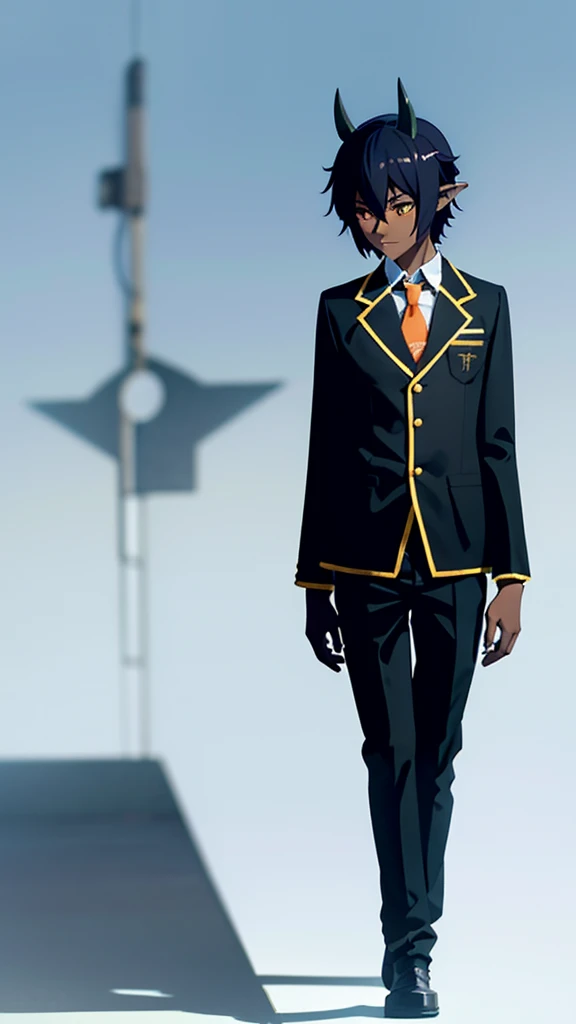 (1boy,20 years old,solo),((dark skin)),short hair,black hair,elf ears,(horns),orange eyes,(no background, simple background),necktie,black jacket, blazer,long sleeves,pants,full body,walking,from front,looking away,timid