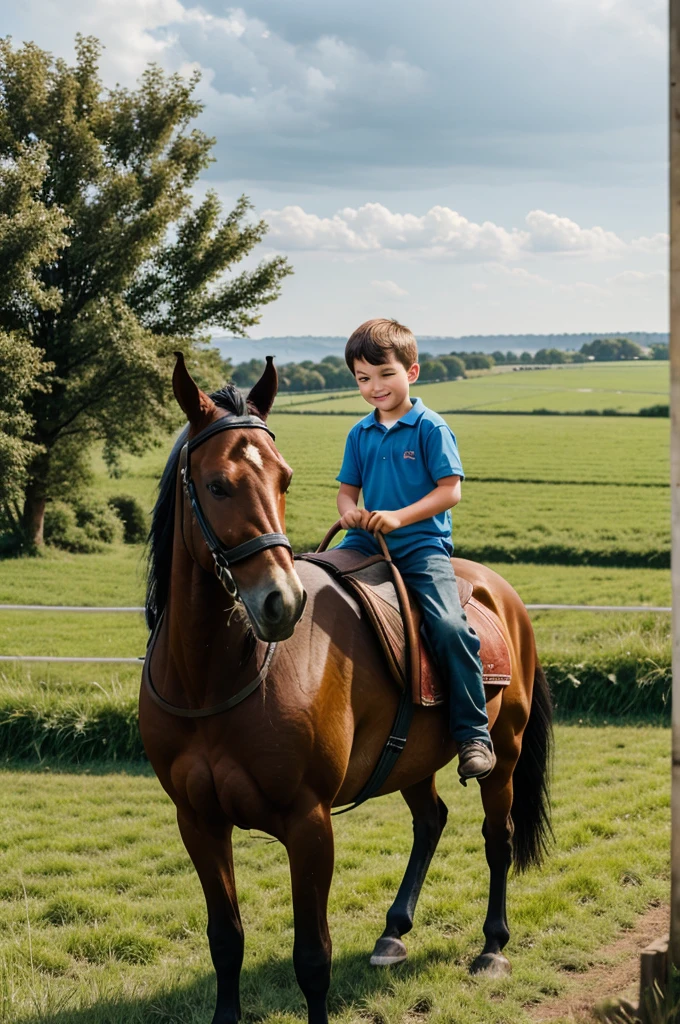 "A young boy lifting a bundle and placing it on the back of a horse, standing behind the horse in a rural setting with fields in the background