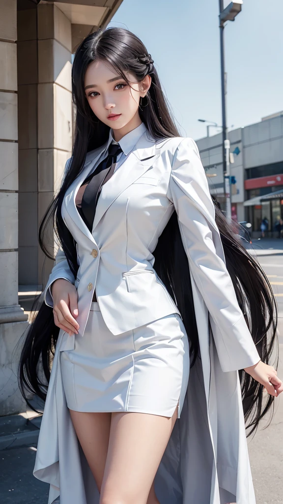 woman, กระโปรงสั้นwhite, คลุมเสื้อsuitwhite, skirt only, (สาวสวยTwo meter long hair, my hair is very long., extra long hair, long black hair), (suitสไตล์อิตาลี, suitสองปุ่ม), (Italian suit, white suit, Set of two buttons), (ใส่suitwoman, Business woman'suit, white), (suitwomanwhite), (เสื้อเชิ้ตwhite), necktie, (necktieสั้นสีดำ, necktieสีดำ, necktieผอม, ถักnecktie), (military rank insignia), (Short pencil skirtwhite), (Dynamic posts), full body, (A gigantic rift), (big breasts, thin body, small waist, hips raised, small thighs, Long legs), high-heelsสีดำ, (Short pencil skirt, white), Wearing a suit for a business woman, (Wearing a white businessuit, suitนักธุรกิจหญิงwhite), (tight, military regalia, เสื้อwhite, กระโปรงwhite), (black shoes), (Two gold suit buttons, Two meter long hair, suitเข้ารูป, เสื้อsuitwhiteทรงธรรมดารัดรูป), (black shoes, high-heels), (stand, walk, elegant gesture, Dynamic posts), short dress, earring, garden, monument