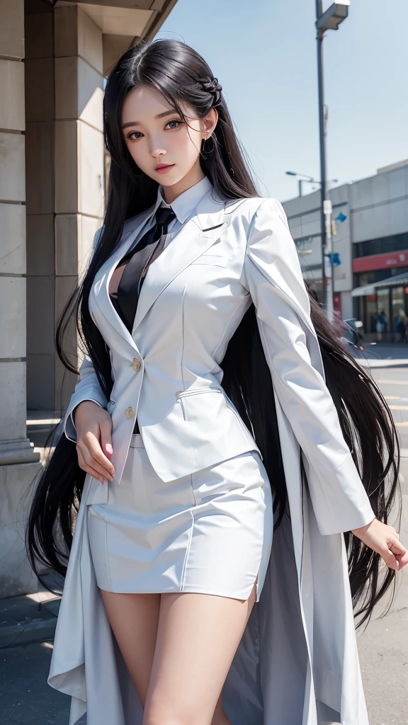 woman, กระโปรงสั้นwhite, คลุมเสื้อsuitwhite, skirt only, (สาวสวยTwo meter long hair, my hair is very long., extra long hair, long black hair), (suitสไตล์อิตาลี, suitสองปุ่ม), (Italian suit, white suit, Set of two buttons), (ใส่suitwoman, Business woman&#39;suit, white), (suitwomanwhite), (เสื้อเชิ้ตwhite), necktie, (necktieสั้นสีดำ, necktieสีดำ, necktieผอม, ถักnecktie), (military rank insignia), (Short pencil skirtwhite), (Dynamic posts), full body, (A gigantic rift), (big breasts, thin body, small waist, hips raised, small thighs, Long legs), high-heelsสีดำ, (Short pencil skirt, white), Wearing a suit for a business woman, (Wearing a white businessuit, suitนักธุรกิจหญิงwhite), (tight, military regalia, เสื้อwhite, กระโปรงwhite), (black shoes), (Two gold suit buttons, Two meter long hair, suitเข้ารูป, เสื้อsuitwhiteทรงธรรมดารัดรูป), (black shoes, high-heels), (stand, walk, elegant gesture, Dynamic posts), short dress, earring, garden, monument