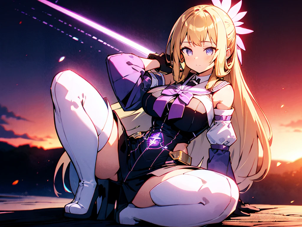 (Highly detailed CG), (Highest quality),(full body)，(( Squat，Spread your legs，Strike a Pose)),1 Girl,alone, Grey Eyes,Long Hair, Blonde,Purple Dress,Wide white sleeves,Purple ribbon,Purple Stockings,hair ornaments,Bare shoulders,Removed sleeve, Black gloves, Blunt bangs, Magical girl, Perfect Face,  Shiny skin, Shiny skin, Wide Hips,Tight waist,Knee-high boots，Elbow Bag,1 Girl, Long Hair, Big Breasts，Thick thighs，sunset，Octane，