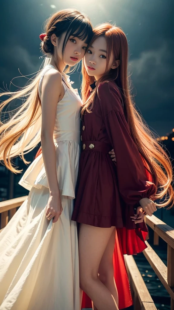 (Natural strawberry blonde and redhead girls with pretty faces), Cute pose, wearing a button dress, Atmospheric, Dark atmosphere, Edge lighting, Sayaka Yamamoto, Saito Asuka, Mao Akiyama&#39;s facial features, 8K, Full 体 portrait, Elegant outfit, Natural light, Spooky greenhouse at night, Sharp focus, (Highly detailed eyes and face, Professional photography techniques), (Beautiful small face, beautiful girl, high **************, Idol Face:1.2, *********:1.5), smile, Happy, K UHD, Hmph, Beautiful and soft skin, Vibrant Skin, blush, (Chirarizum:1.3, Unbutton the dress:1.5), ((Beautiful breasts:1.2, Cleavage)), (Small beautiful butt), (Detailed hands:1.1, The optimal ratio is four fingers to one thumb), Perfect proportions, (Perfect Anatomy:1.3), (Highest quality, Masterpiece, Highest quality, Ultra high definition, Photorealism:1.4), ((Touching each other&#39;s breasts:1.4)), (Beautiful hair blowing in the wind:1.3)