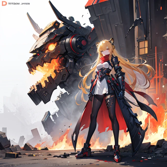 (best quality),masterpiece, Very beautiful girl, Very detailed, Amazing, fine details, official art, Super detailed, High resolution, A girl stands in front of a tiger, (Taoism), Beautiful and meticulous girl, There is light on the face, nobody, Flowing blonde hair, Mechanical Lady, Mechanical Armor, water, Armored, Pink mech, Honey Mecha, Machinery,burning city, broken streets, ruins,Motorcycle Friends,horizon,(whole body:0.8),upper bust_Body,,Taoism,flower,Long Er,Bathyscaphe,Tarot,(masterpiece, highest quality), (Detailed Hair), Very detailed, Anime Style, whole body, alone, Concept Art, Science Fantasy Combat Girl, Neck-length black and yellow hair, Golden Eyes, His right hand has been modified into a deadly cybernetic claw.. Cyber Kimono, Torn red scarf, Cyber Horned, Wearing tabi socks, White Background, whole body, Standing in the wasteland,