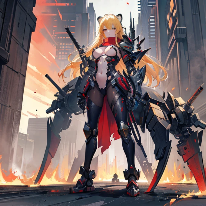 (best quality),masterpiece, Very beautiful girl, Very detailed, Amazing, fine details, official art, Super detailed, High resolution, A girl stands in front of a tiger, (Taoism), Beautiful and meticulous girl, There is light on the face, nobody, Flowing blonde hair, Mechanical Lady, Mechanical Armor, water, Armored, Pink mech, Honey Mecha, Machinery,burning city, broken streets, ruins,Motorcycle Friends,horizon,(whole body:0.8),upper bust_Body,,Taoism,flower,Long Er,Bathyscaphe，Tarot，(masterpiece, highest quality), (Detailed Hair), Very detailed, Anime Style, whole body, alone, Concept Art, Science Fantasy Combat Girl, Neck-length black and yellow hair, Golden Eyes, His right hand has been modified into a deadly cybernetic claw.. Cyber Kimono, Torn red scarf, Cyber Horned, Wearing tabi socks, White Background, whole body, Standing in the wasteland,
