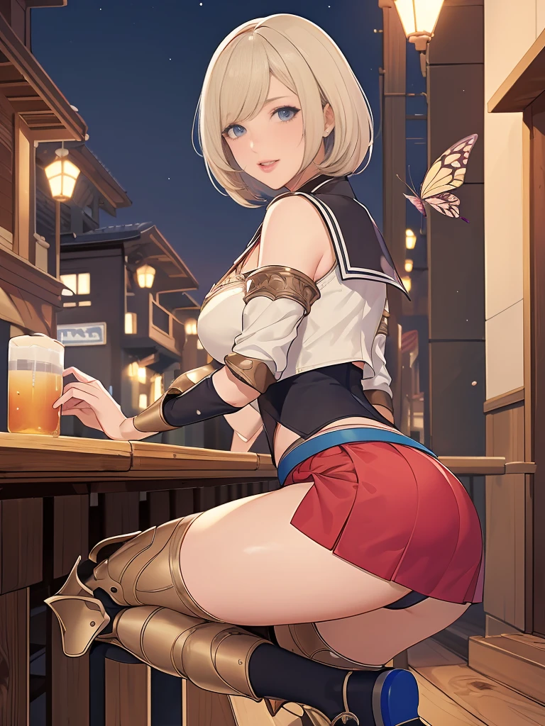 (masterpiece, Highest quality), Recall,A group of female adventurers set in a medieval fantasy world.3people々,Dancer、 (At the pub), Mr...々Hairstyle, Harem, night, detailed aspects, Asheria:1.5, Asheria:1.3, short hair, Bobcut, Very short pleated mini skirt with embroidered pattern, Seduce, No sleeve, armor 、肩armor、Showing off her butterfly micro panties:1.25、、Big Ass、Wide waist、Roll up your skirt,Knee socks,