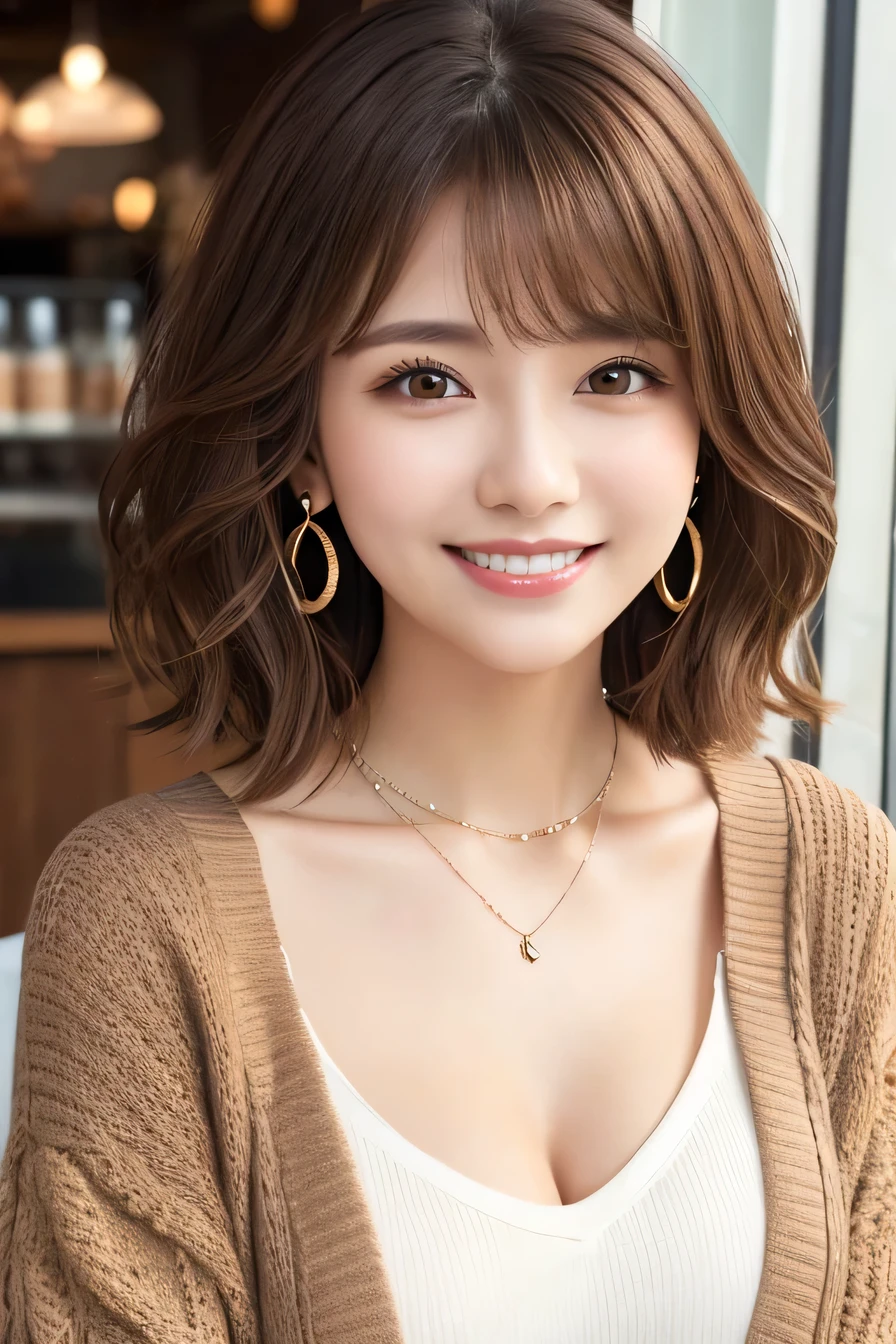 Highest quality, ,smile、Beautiful teeth alignment、Light brown hair、Dark eyeliner、Short Haircut、Curly Hair、Long sleeve blouse、ear piercing、necklace, , Face Focus、The background is the building&#39;s corridor.
