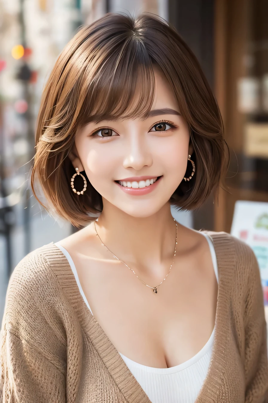 )Light brown hair、Clear beauty、Short Haircut、Wavy Hair、cardigan、blouse、Ear piercing、Necklace around the neck、smile、Beautiful teeth alignment、Intricate details, Very detailed:1.2), 、 Looking into the camera、The background is a coffee shop