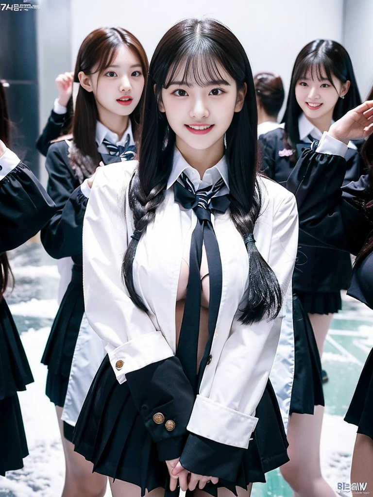 (Super cute Korean female college students take a commemorative photo together in their school uniforms:1.2)(grin,smile:1.1)(Beautiful Sweat:1.1)(16K, RAW Photos, Highest quality, masterpiece: 1.2),(Glossy black hair with cute twin tails) Super detailed, Super Resolution, (Genuine, Genuine photos: 1.37), Portraiture, High-resolution RAW color photos, Professional photos, Very detailed, 8k wallpaper, Very detailed CG Unity 8k wallpaper, Very detailed beautiful girls, Very detailed faces, ((whole body)), beautiful woman, Huge breasts,(huge boobs:1.1) (Big Boobs:1.1), beautiful  (Wearing a tight and cute  designated by the company),high school girl, Korean Girls,(K-POP Female Idols), (Idol-class beauty)(Beautiful high school girl:1.1)(Fountain Square covered in heavy snow in midwinter)(17 years old)(School uniform style outfit:1.1)wearing ushanka