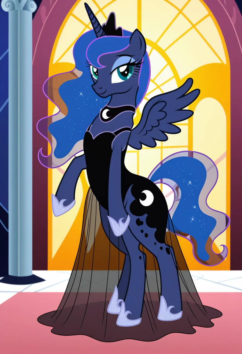 Pony . Black see trough dress with black choker, Princess Luna smiling 