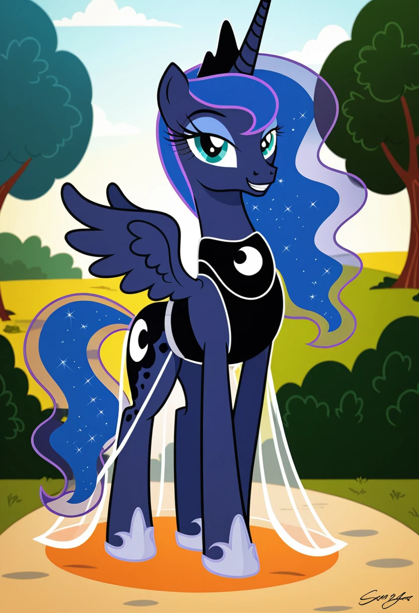 Pony . Black see trough dress with black choker, Princess Luna smiling 