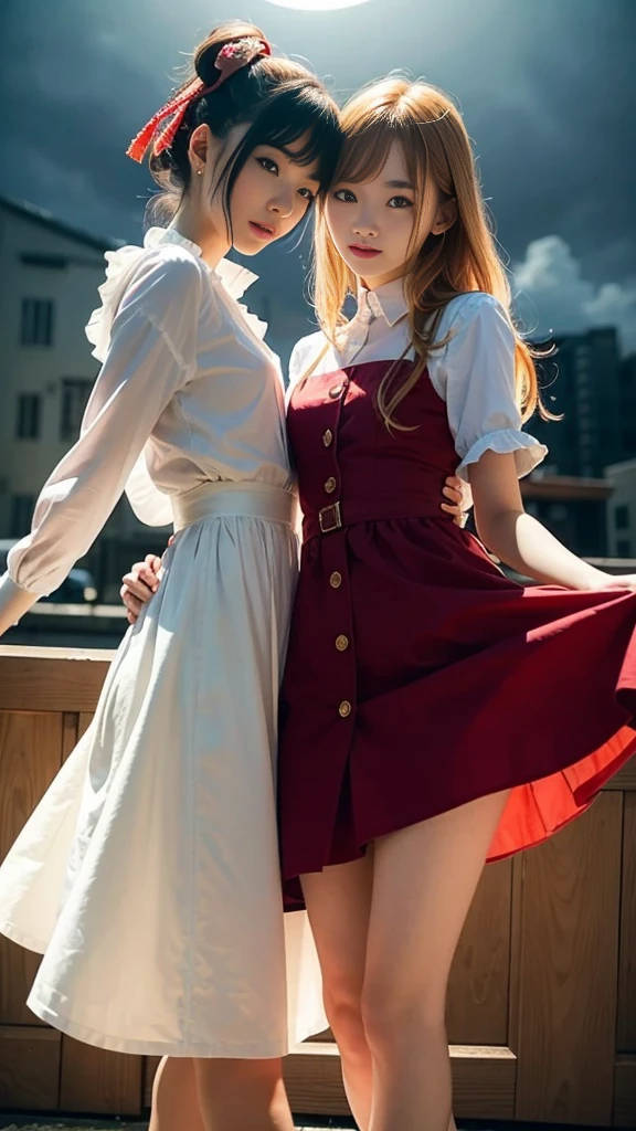 (Natural strawberry blonde and redhead girls with pretty faces), Cute pose, wearing a button dress, Atmospheric, Dark atmosphere, Edge lighting, Sayaka Yamamoto, Saito Asuka, Mao Akiyama's facial features, 8K, Full 体 portrait, Elegant outfit, Natural light, Spooky greenhouse at night, Sharp focus, (Highly detailed eyes and face:1.1, Professional photography techniques), (Beautiful small face:1.1, beautiful girl, high , Idol Face:1.2, Baby Face:1.4)Happy, K UHD, Beautiful and soft skin, Vibrant Skin, blush, (Chirarizum:1.3, Unbutton the dress:1.5), ((Beautiful breasts:1.2, Cleavage)), (Small beautiful butt), (Detailed hands:1.1, The optimal ratio is four fingers to one thumb), Perfect proportions, (Perfect Anatomy:1.3), (Highest quality, Masterpiece, Highest quality, Ultra high definition, Photorealism:1.4), ((Touching each other's breasts:1.4)), (Beautiful hair blowing in the wind:1.4),天使と悪魔のbeautiful girl:1.2)
