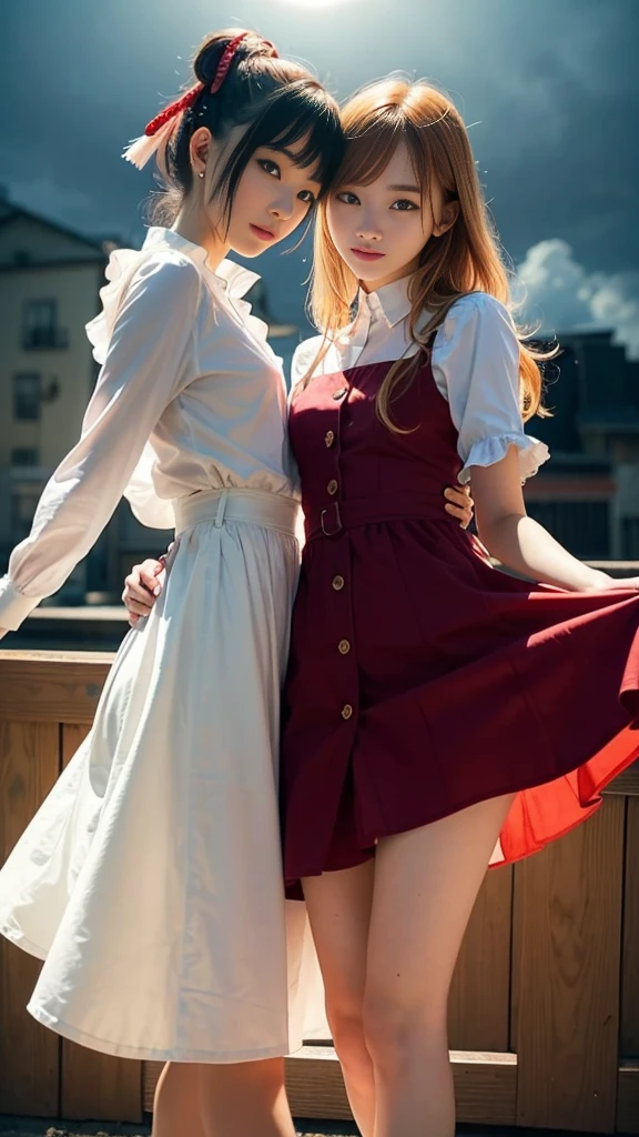 (Natural strawberry blonde and redhead girls with pretty faces), Cute pose, wearing a button dress, Atmospheric, Dark atmosphere, Edge lighting, Sayaka Yamamoto, Saito Asuka, Mao Akiyama's facial features, 8K, Full 体 portrait, Elegant outfit, Natural light, Spooky greenhouse at night, Sharp focus, (Highly detailed eyes and face:1.1, Professional photography techniques), (Beautiful small face:1.1, beautiful girl, high , Idol Face:1.2, Baby Face:1.4)Happy, K UHD, Beautiful and soft skin, Vibrant Skin, blush, (Chirarizum:1.3, Unbutton the dress:1.5), ((Beautiful breasts:1.2, Cleavage)), (Small beautiful butt), (Detailed hands:1.1, The optimal ratio is four fingers to one thumb), Perfect proportions, (Perfect Anatomy:1.3), (Highest quality, Masterpiece, Highest quality, Ultra high definition, Photorealism:1.4), ((Touching each other's breasts:1.4)), (Beautiful hair blowing in the wind:1.4),天使と悪魔のbeautiful girl:1.2)