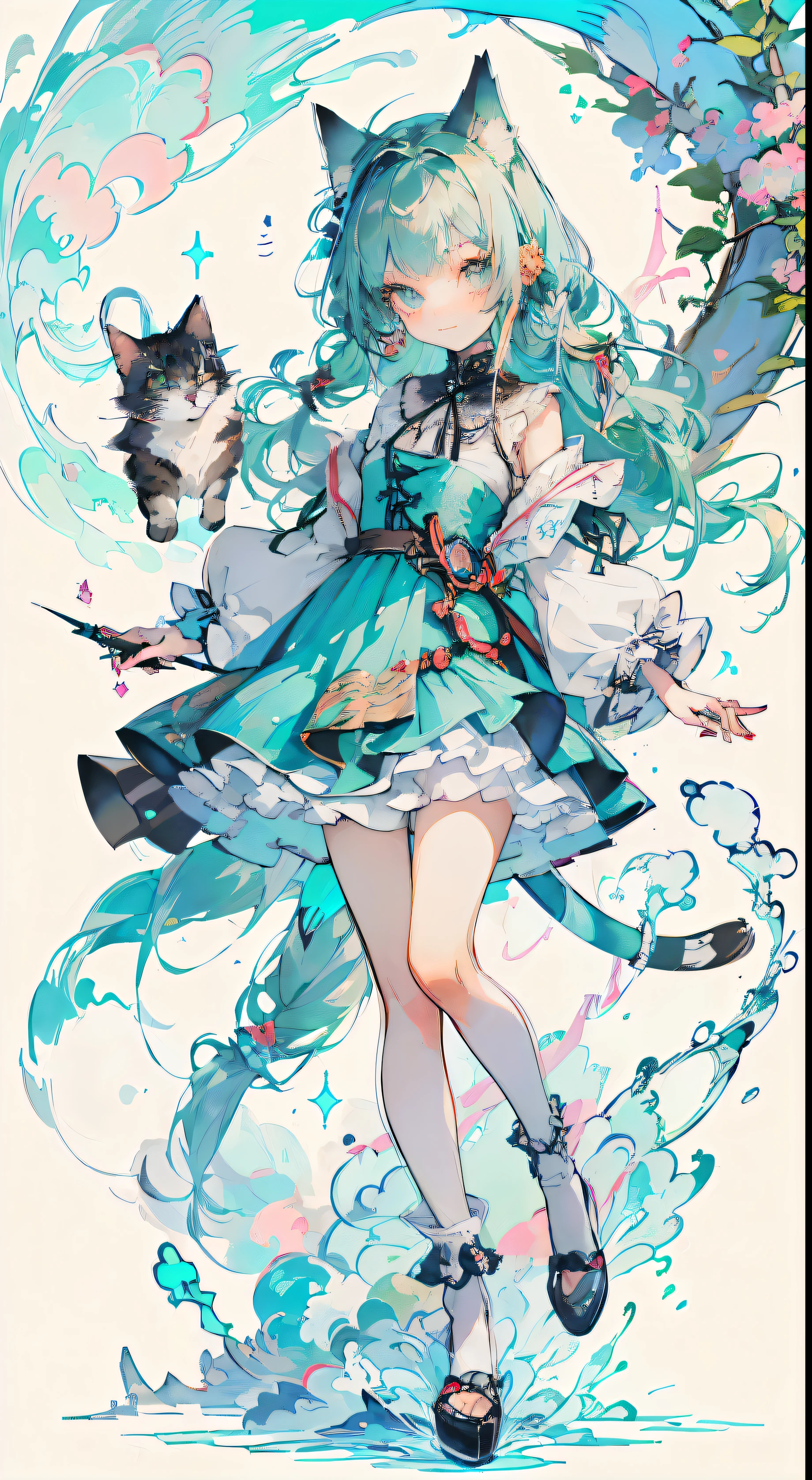 ((Tabletop, Highest quality: 1.1), ((Anime girl in a blue dress holding a magic wand)), art nouveau、Anime Cat girl in maid outfit, , ((Green hairs))、Long-haired、((Eyes like shining jewels Long lashes Transparency))、Very Beautiful Anime Cat girl, Anime cat girl, ((White knee-high socks)), Attractive cat girl, Inspired by Leiko Ikemura, Takano Aya color style, in ryuuou no oshigoto art style, Cat girl, Favorite character, rei hiroe、With a smile