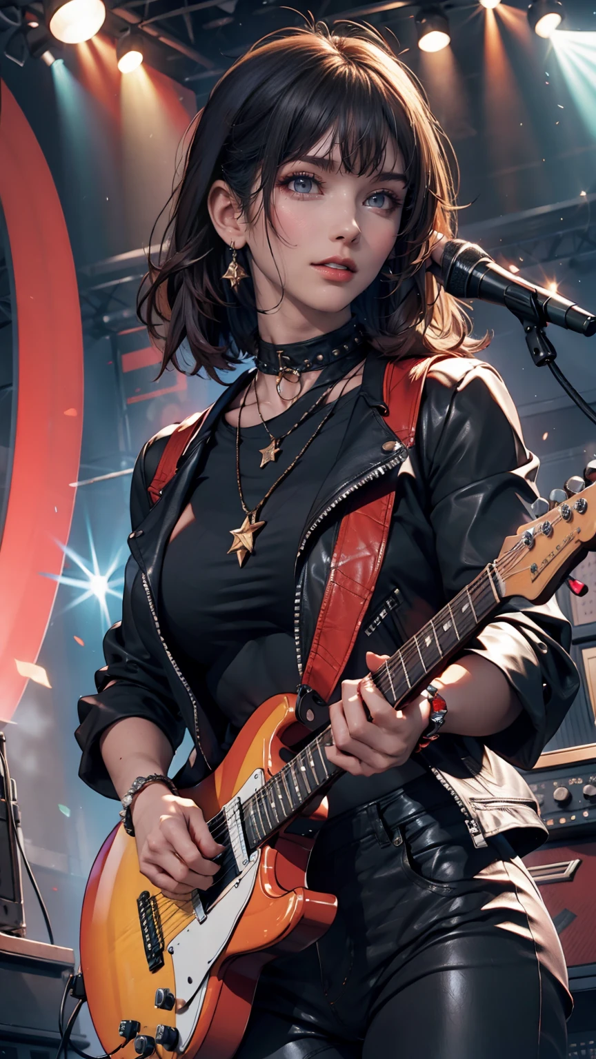 Girl wearing a spiked collar、24 year old Caucasian female、Sexy proportions、Punk rock fashion、Black Shirt、Leather jacket、Leather leggings、Flashy makeup、long hair、rosary necklace、rosary earrings、Put a spiked bracelet on your wrist、Rock Festival Venues、Go on stage and sing passionately、Electric guitar playing、Lively performances、Colorful spotlight effects