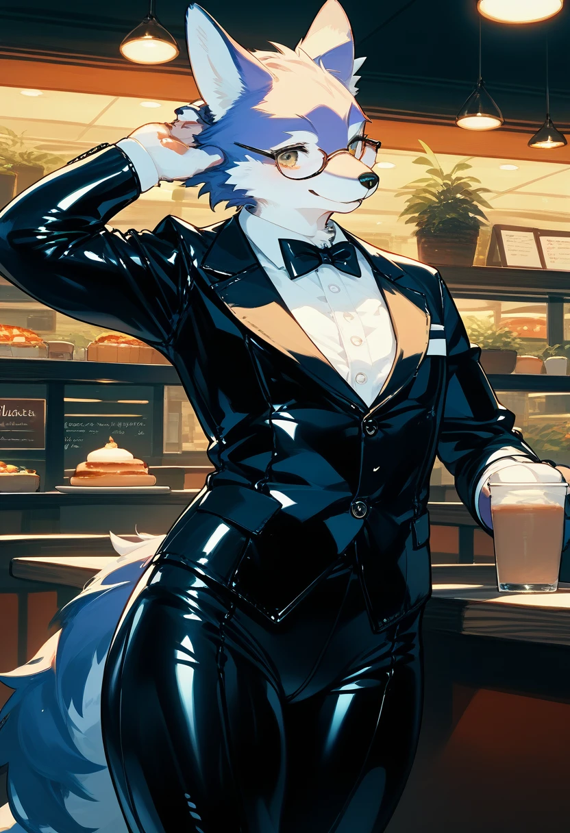 Highest quality, Highest quality, High quality illustrations, masterpiece, Ultra-high resolution, Detailed Background, bartender, bar, Cocktail, Absurd, Perfect Anatomy, Performance, Good lighting, Shadows in the movie(kemono, Furry Personification)Dynamic Angle, Rubber suit, ラbarスーツ, latex
