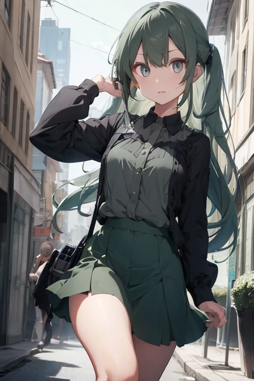 girl long green hair dark gray blouse short dark blue skirt gray eyes pale skin serious expression white background