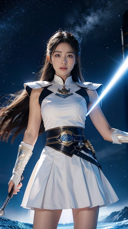 White combat uniform、skirt、Goddess of War、Staff、High resolution、Unknown powers、thunder、Wind、inflammation、muscle、Planetary alignment、Starry Sky、Blue light、Laser beam、God&#39;s Weapon、Diffuse reflection of light、Cyber Valkyrie