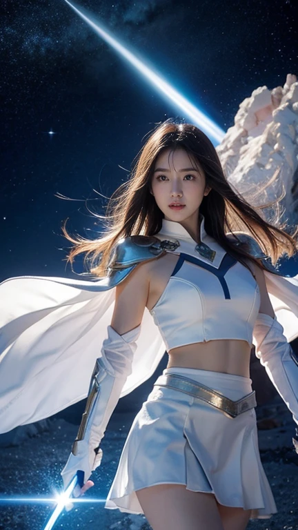 White combat uniform、skirt、Goddess of War、Staff、High resolution、Unknown powers、thunder、Wind、inflammation、muscle、Planetary alignment、Starry Sky、Blue light、Laser beam、God&#39;s Weapon、Diffuse reflection of light、Cyber Valkyrie