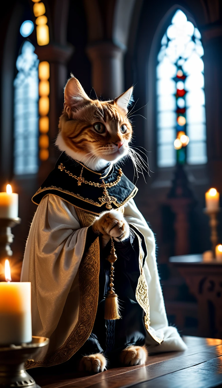 cinematic photo a detailed Award-winning photo, Cat dressed as a priest, Realistic fur, Inside the chapel、Inside the chapelで立っている、 High quality photos, 3-point lighting, flash with softbox, 4K, Canon EOS R3, High resolution, Smooth, Sharp focus, High resolution, Award-winning photo, 80mm, F2.8, Bokeh . 35mm Photography, movie, Bokeh, Professional, 4K, Very detailed