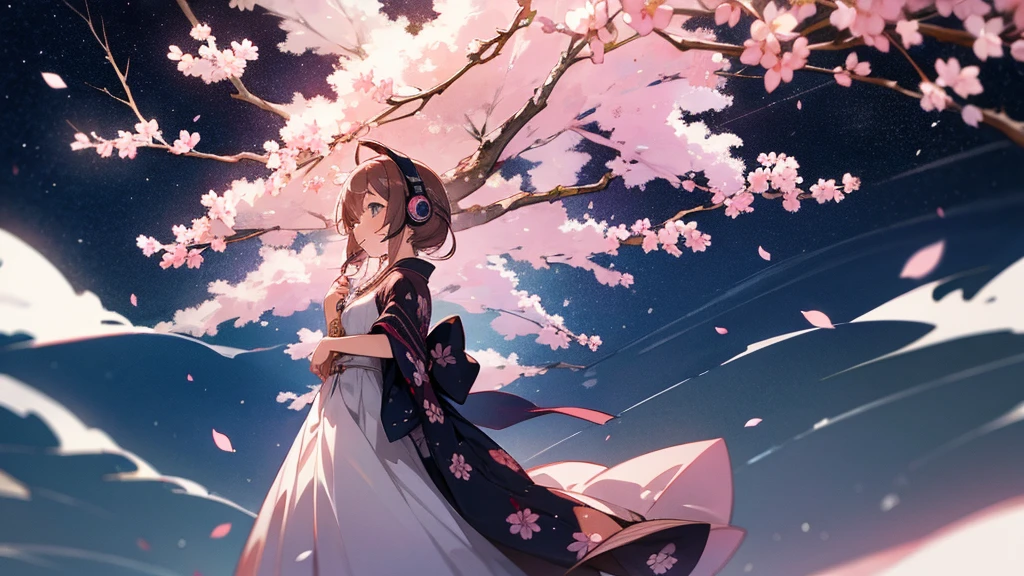 A girl wearing a dress with headphones under the starry sky、Japanese anime style cherry blossom tree