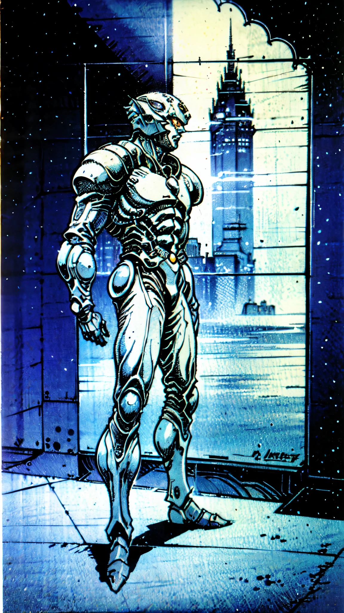 (masterpiece:1.5, best quality:1.5, extremely delicate:1.5, foreshortening:1.5, dynamic angle:1.5), a man wearing a full-face helmet, a fantasy-style biotech armored combat suit, green eyes, (a composite layered chest armor), fully enclosed shoulder guards, matching arm and leg guards, (the color scheme is primarily white with black green accents), the design balances heavy with agility, a high-tech bio-mecha armor, (Armor Concept Inspired by neon Cyberpunk, stand on the top of a skyscraper in a futuristic sci-fi city), this character embodies a finely crafted fantasy-surreal style armored hero in anime style, exquisite and mature manga art style, (element, plasma, energy, the armor glows), ((male:1.5)), metallic, high definition, highres, ultra-detailed, ultra-fine painting, professional, perfect body proportions, golden ratio, anatomically correct, symmetrical face, extremely detailed eyes and face, high quality eyes, creativity, RAW photo, UHD, 32k, Natural light, cinematic lighting, masterpiece-anatomy-perfect