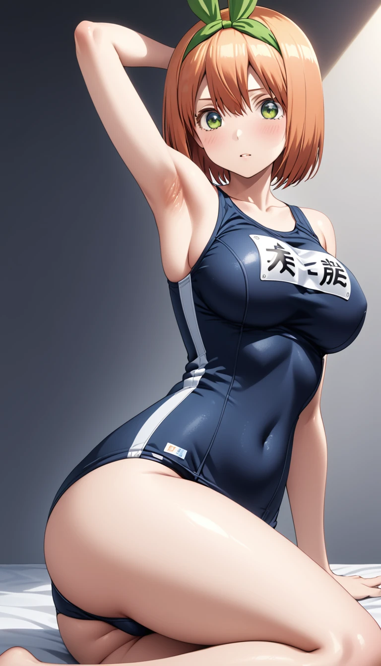 (Highest quality、Masterpiece、Very detailed、4K)、One Woman、、Orange Hair、short hair、(((Nakano Yotsuba)))、chest、arm、(Beautiful armpits)、(Beautiful thighs)、(School Swimsuit)