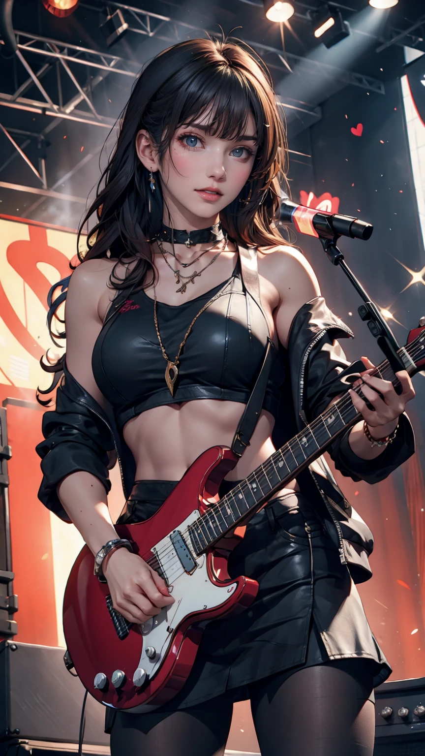 Girl wearing a spiked collar、24 year old Caucasian female、Sexy proportions、Punk rock fashion、Black Shirt、Leather jacket、Leather leggings、Flashy makeup、long hair、rosary necklace、rosary earrings、Put a spiked bracelet on your wrist、Rock Festival Venues、Go on stage and sing passionately、Electric guitar playing、Lively performances、Colorful spotlight effects