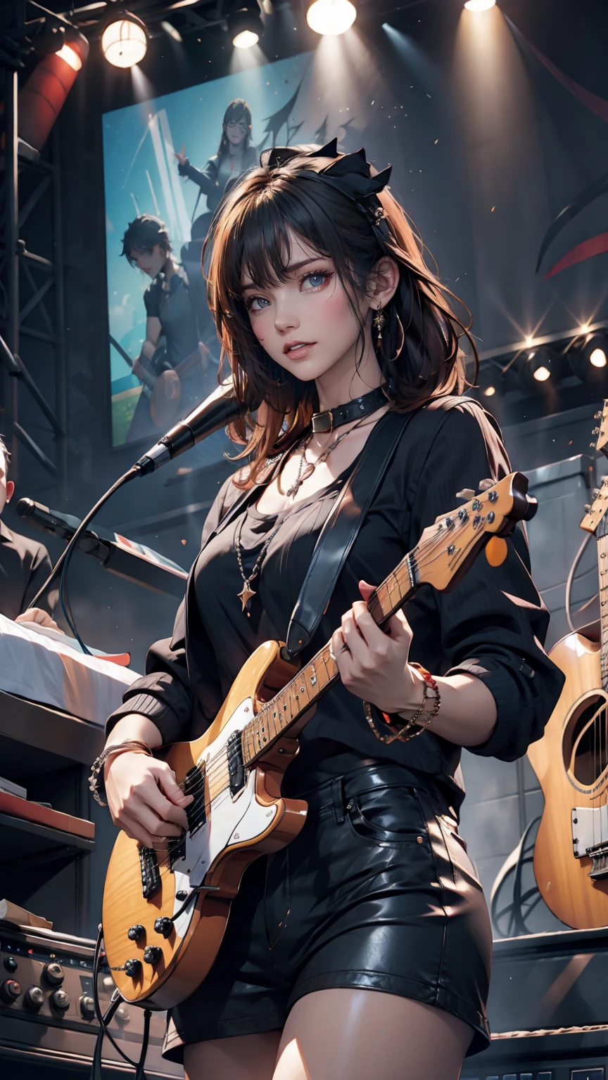 Girl wearing a spiked collar、24 year old Caucasian female、Sexy proportions、Punk rock fashion、Black Shirt、Leather jacket、Leather leggings、Flashy makeup、long hair、rosary necklace、rosary earrings、Put a spiked bracelet on your wrist、Rock Festival Venues、Go on stage and sing passionately、Electric guitar playing、Lively performances、Colorful spotlight effects
