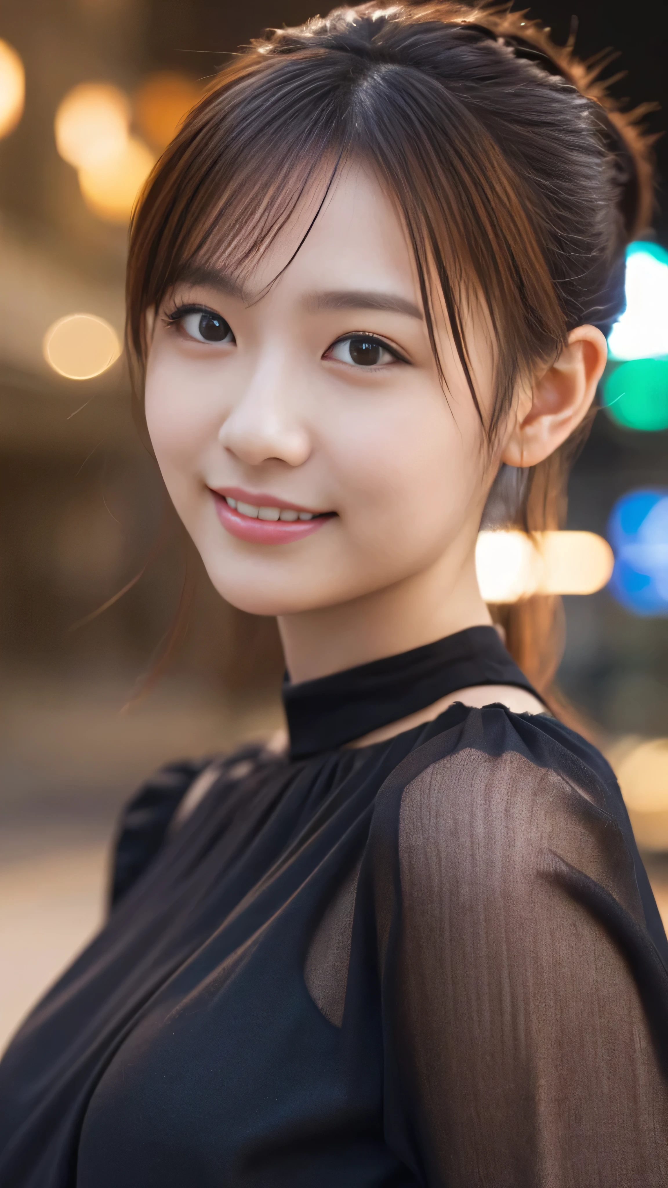 1 girl, (Wearing a black blouse:1.2), Beautiful Japanese actresses, (ponytail:1.3),
(RAW Photos, Highest quality), (Realistic, Photorealistic:1.4), masterpiece,
Very delicate and beautiful, Very detailed, 2k wallpaper, wonderful,
finely, Very detailed CG Unity 8K 壁紙, Very detailed, High resolution,
Soft Light, Beautiful detailed girl, Very detailed目と顔, Beautiful and detailed nose, Beautiful and detailed, Cinema Lighting,
BREAK
(Snowy night cityscape as background 1.3), City lights,
Perfect Anatomy, Slender body, smile, Face the front completely, Looking at the camera