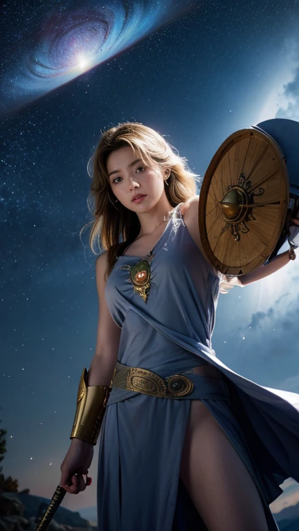 White combat uniform、skirt、Goddess of War、Staff、High resolution、Unknown powers、thunder、Wind、inflammation、muscle、Planetary alignment、Starry Sky、Blue light、Laser beam、God&#39;s Weapon、Diffuse reflection of light、Cyber Valkyrie