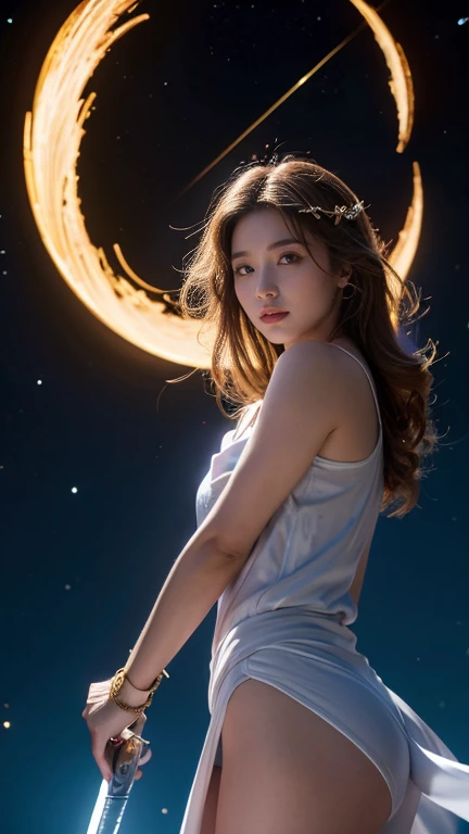 White combat uniform、skirt、Goddess of War、Staff、High resolution、Unknown powers、thunder、Wind、inflammation、muscle、Planetary alignment、Starry Sky、Blue light、Laser beam、God&#39;s Weapon、Diffuse reflection of light、Cyber Valkyrie