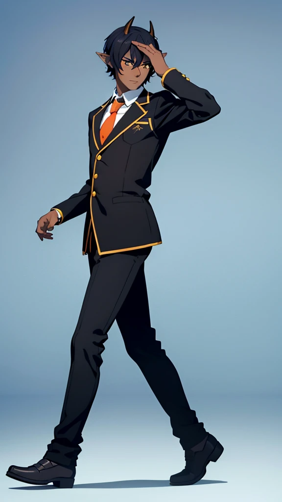 (1boy,20 years old,solo),((dark skin)),short hair,black hair,elf ears,(horns),orange eyes,(no background, simple background),necktie,black jacket, blazer,long sleeves,pants,full body,walking,from front,looking away,timid