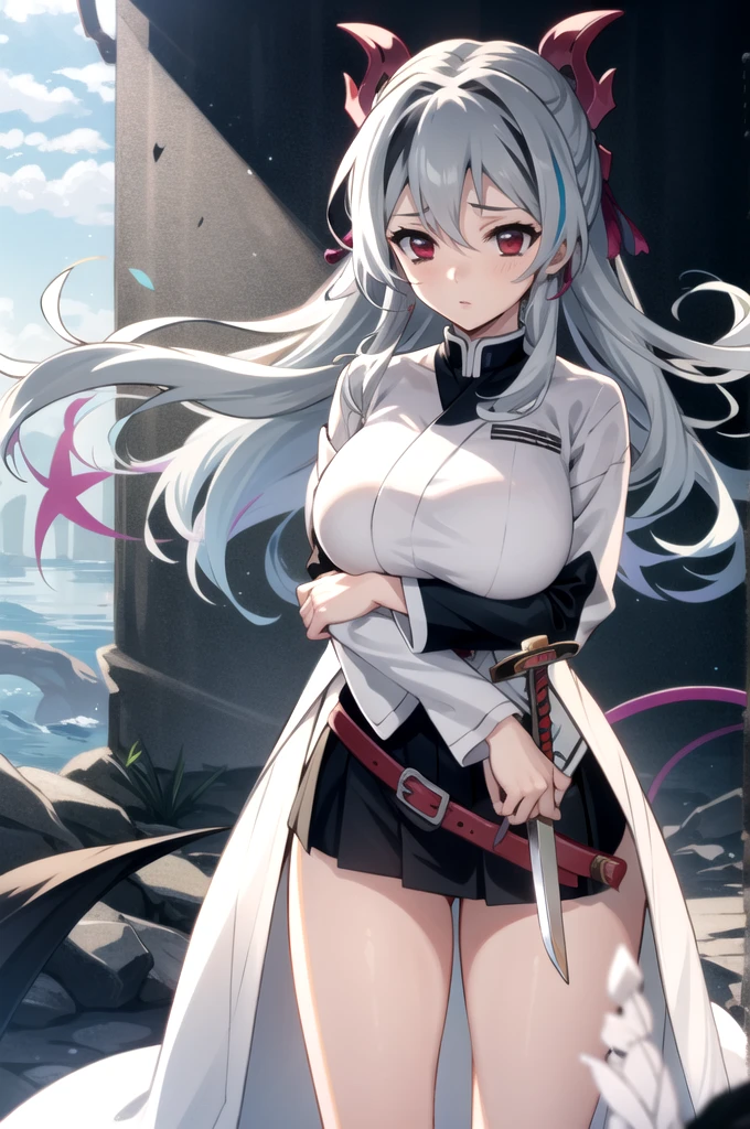 One girl in Demon Slayer uniform、mini skirt, alone, hair ornaments, arms, sword, Silver Hair, Multicolored Hair, Red eyes, Gray Hair, kimono, Gradient Hair, Haori, belt, knife, Long Hair、Large Breasts、Big Breasts、Soft thighs、Big 、I can see your