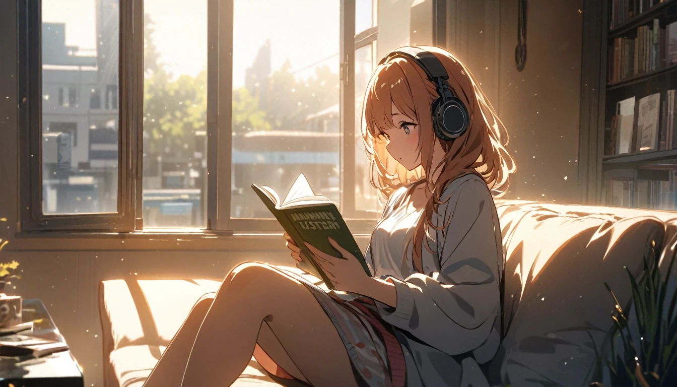 Girl sitting on sofa reading a book,In front of a large window,Morning sunlight,Streetscape、listen to music、