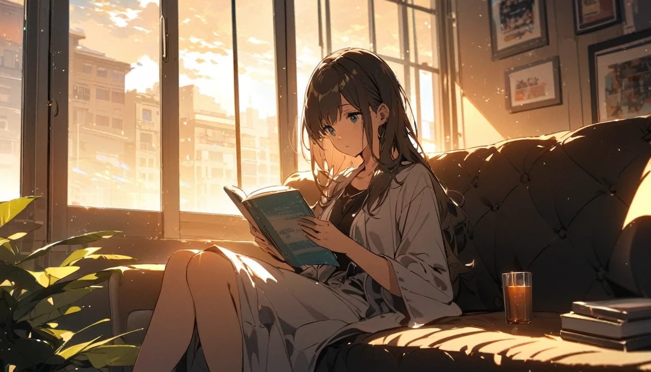 Girl sitting on sofa reading a book,In front of a large window,Morning sunlight,Streetscape、listen to music、