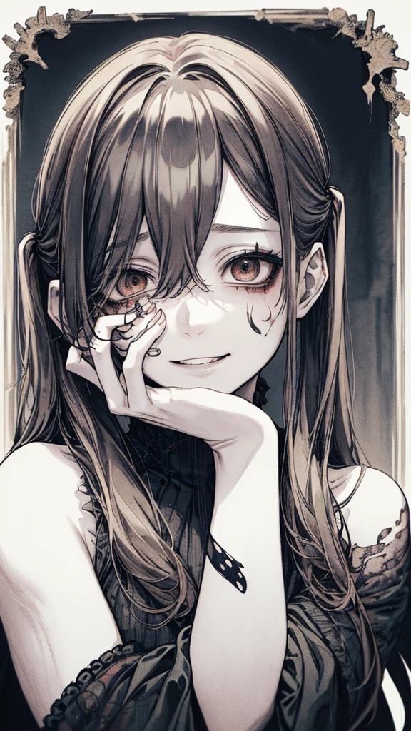 (masterpiece:1.2, Highest quality), (Actual Photos, Intricate details), (1 female, alone, Small breasts) ,Scary atmosphere、Distorted facial expressions、Blood splatter、Cuts on the face、burns on the face、whole body、Punk Fashion、Long Hair、Long bangs、Twin tails、Black Hair、(((Dark circles under the eyes)))、Pale skin、Feeling unwell、Pathological、Wicked Smile、Crazy Eyes、(Grin)Dramatic makeup,Create mixed media art、White Background