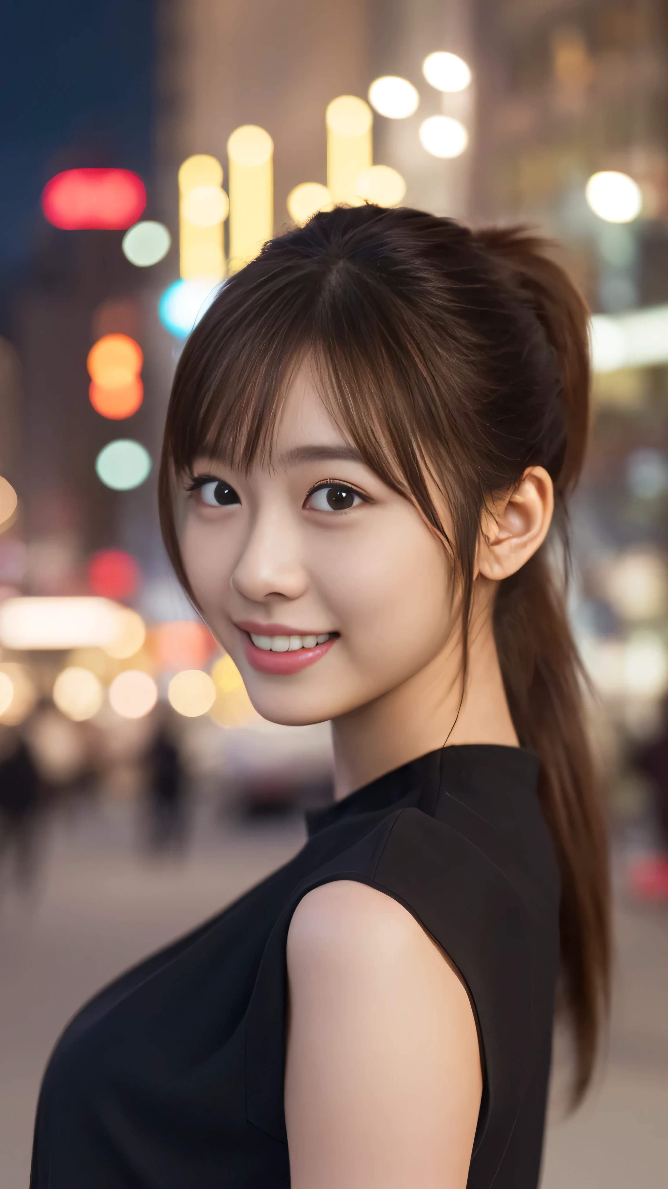 1 girl, (Wearing a black blouse:1.2), Beautiful Japanese actresses, (ponytail:1.3),
(RAW Photos, Highest quality), (Realistic, Photorealistic:1.4), masterpiece,
Very delicate and beautiful, Very detailed, 2k wallpaper, wonderful,
finely, Very detailed CG Unity 8K 壁紙, Very detailed, High resolution,
Soft Light, Beautiful detailed girl, Very detailed目と顔, Beautiful and detailed nose, Beautiful and detailed, Cinema Lighting,
BREAK
(Snowy night cityscape as background 1.3), City lights,
Perfect Anatomy, Slender body, smile, Face the front completely, Looking at the camera