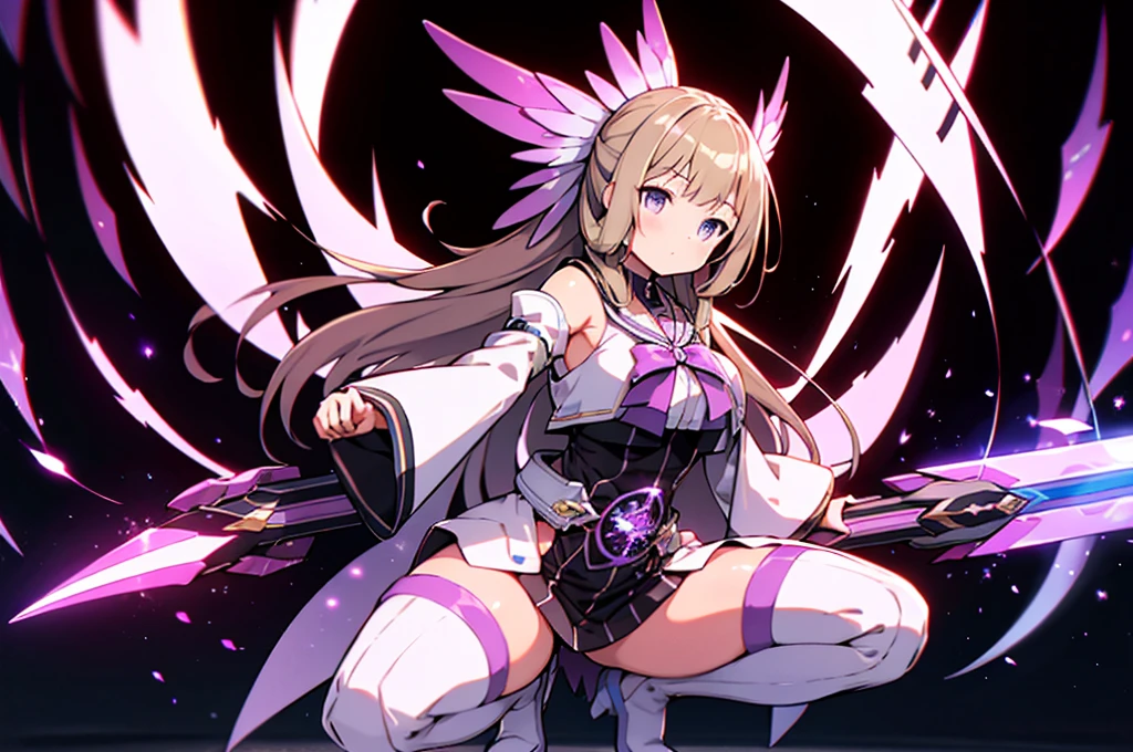 (Highly detailed CG), (Highest quality),(full body)，(( Squat，Spread your legs，Strike a Pose)),1 Girl,alone, Grey Eyes,Long Hair, Blonde,Purple Dress,Wide white sleeves,Purple ribbon,Purple Stockings,hair ornaments,Bare shoulders,Removed sleeve, Black gloves, Blunt bangs, Magical girl, Perfect Face,  Shiny skin, Shiny skin, Wide Hips,Tight waist,Knee-high boots，Elbow Bag,1 Girl, Long Hair, Big Breasts，Thick thighs，sunset，Octane，