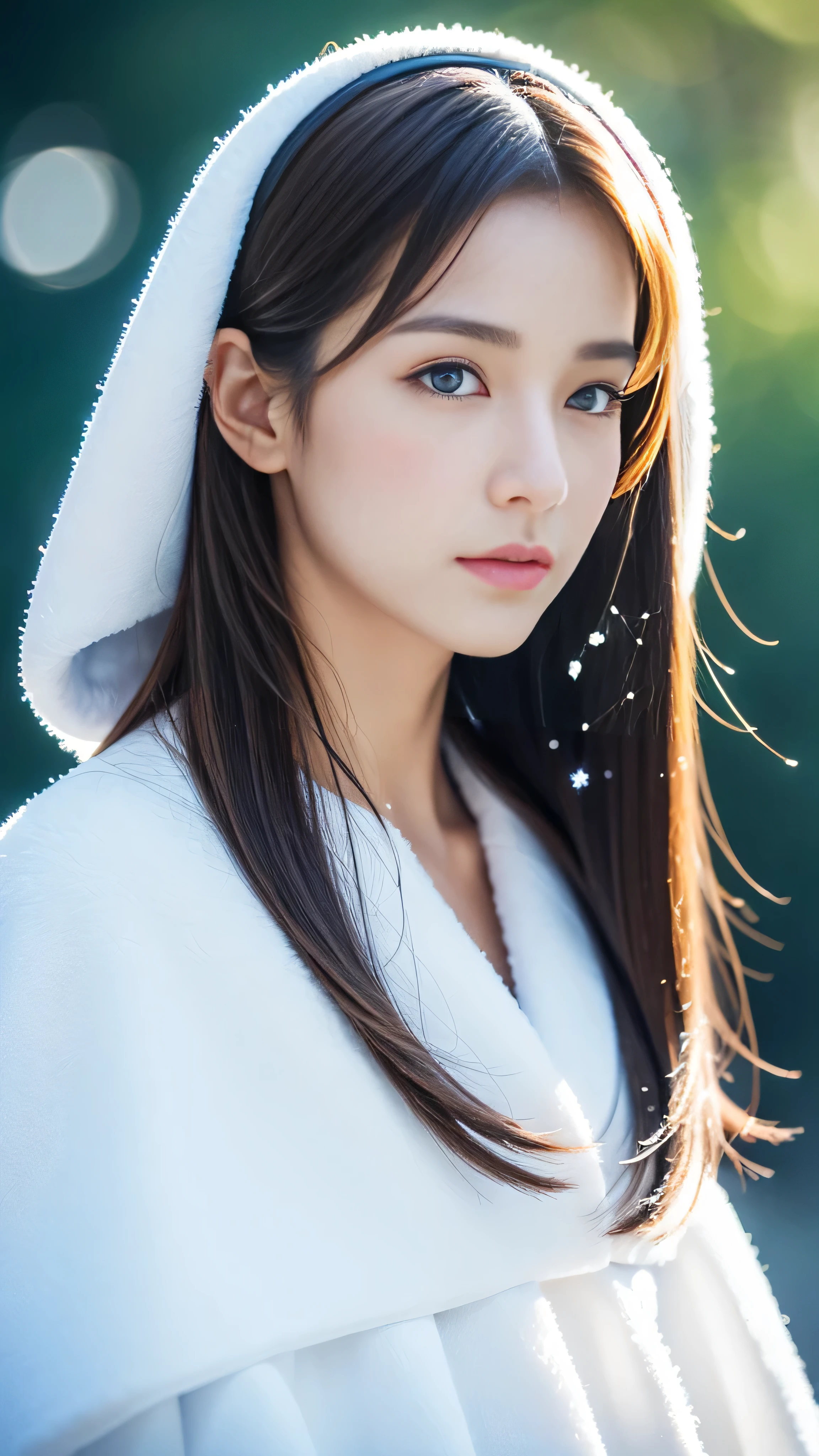(highest quality, 8k, 32K,details are very clear),Realistic, High resolution, 1 Japanese Women, alone, (ta Costume),Gorgeous costumes,Facing the audience,(Upper Body,Upper limbs), Beautiful Eyes, brown hair, Ring-shaped eyes, (outside,Heavy snowfall,thick fur cape,Cover with snow),Snowfield,blue eyes,highest qualityのイラスト,Detailed facial features