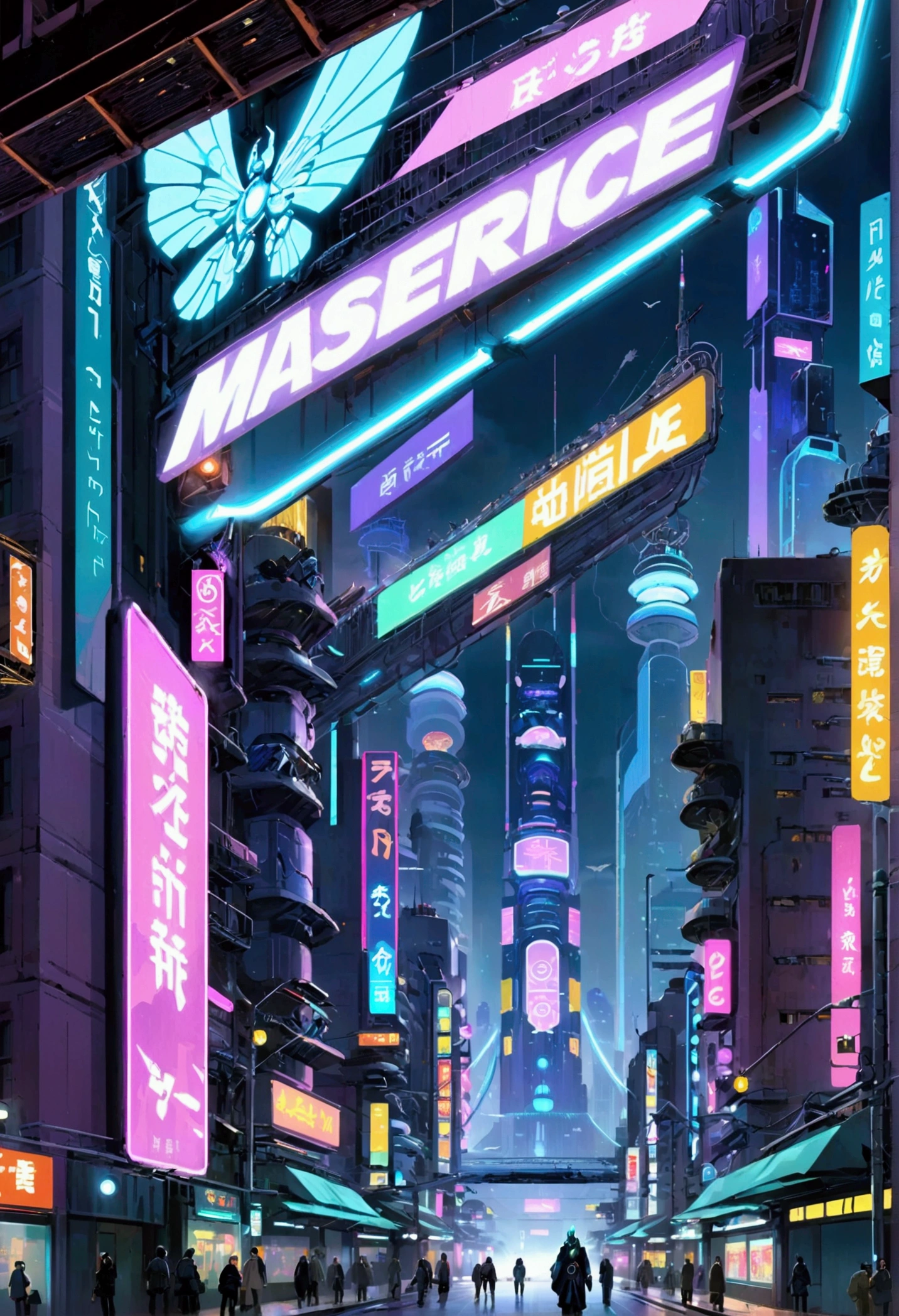masterpiece), best quality, Neo-Tokyo cityscape, futuristic skyline, glass skyscrapers with neon signs, technological revolution, sprawling metropolis, central districts with gigantic corporate buildings, high-tech structures, outer districts with poverty and decay, heavy industrial smog, humming machinery, illuminated night sky, diverse population, humans, cyborgs, artificial intelligences, deep social divide, technological advancement, cyberware implants, drones, autonomous vehicles, virtual and augmented reality, traditional temples, ultra-modern clubs and bars, vibrant underground scene, constant danger, crime, gang conflicts, technoviruses, government and corporate control, tension and uprisings, elevated skywalk view, rushing vehicles, flying drones, colorful neon shadows, MegaCorp buildings in the distance, chaotic city noises, immersive atmosphere, mix of excitement and dread.