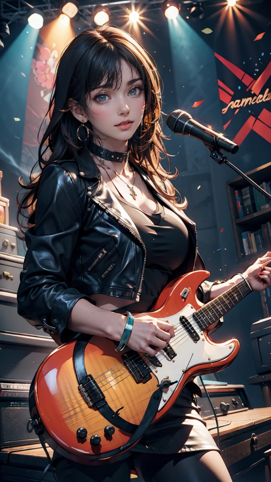 Girl wearing a spiked collar、24 year old Caucasian female、Sexy proportions、Punk rock fashion、Black Shirt、Leather jacket、Leather leggings、Flashy makeup、long hair、rosary necklace、rosary earrings、Put a spiked bracelet on your wrist、Rock Festival Venues、Go on stage and sing passionately、Electric guitar playing、Lively performances、Colorful spotlight effects