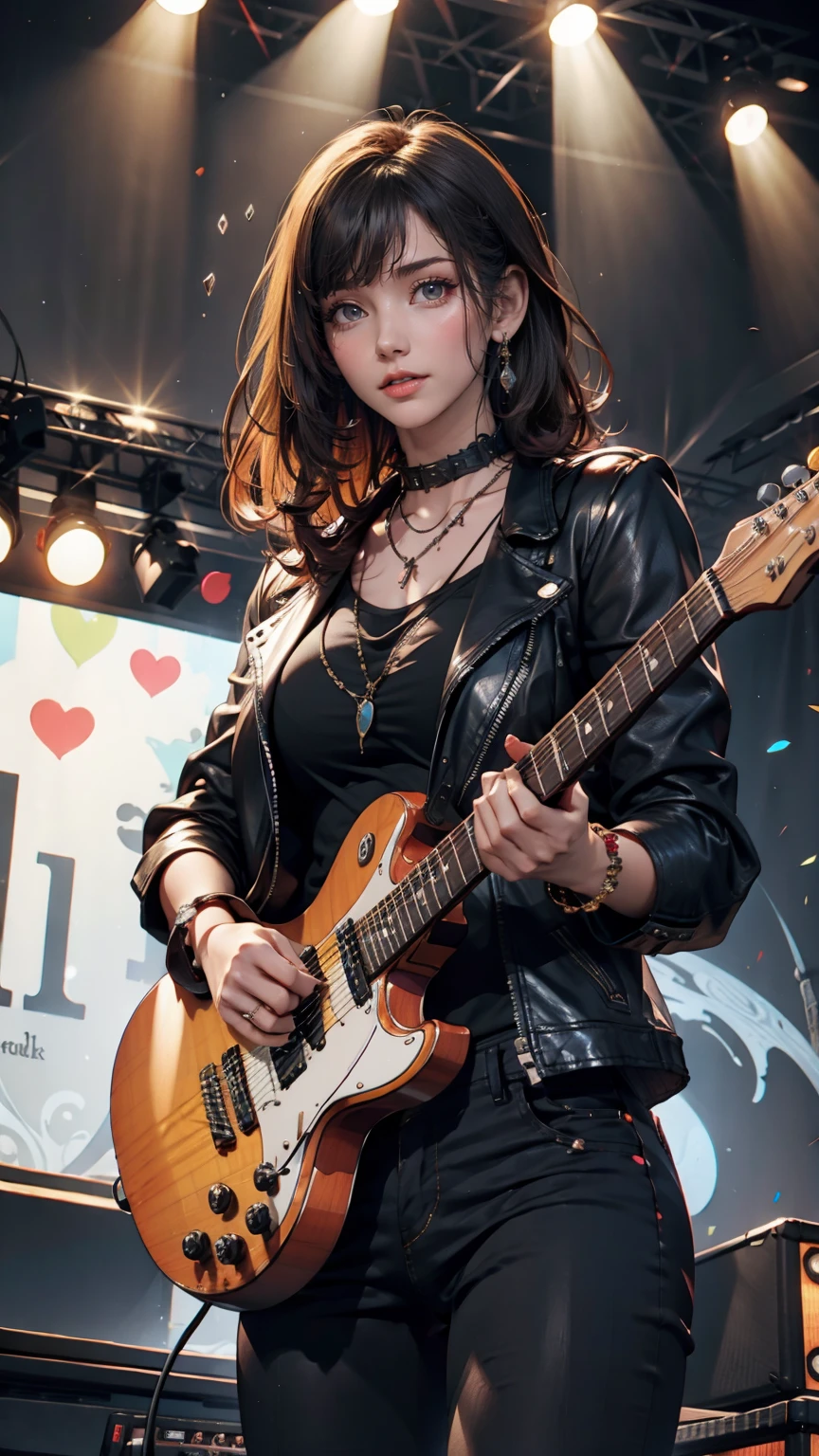 Girl wearing a spiked collar、24 year old Caucasian female、Sexy proportions、Punk rock fashion、Black Shirt、Leather jacket、Leather leggings、Flashy makeup、long hair、rosary necklace、rosary earrings、Put a spiked bracelet on your wrist、Rock Festival Venues、Go on stage and sing passionately、Electric guitar playing、Lively performances、Colorful spotlight effects