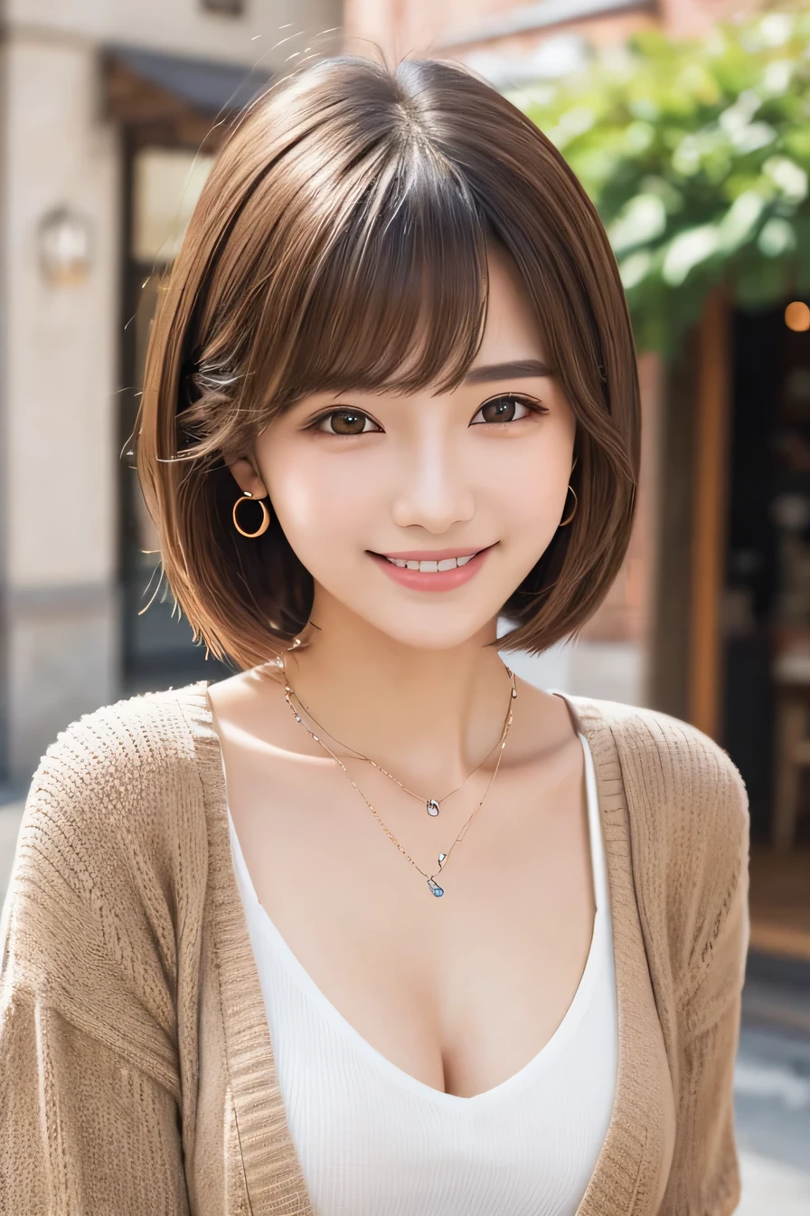 Light brown hair、Clear beauty、Short Haircut、cardigan、blouse、Ear piercing、Necklace around the neck、smile、Beautiful teeth alignment、Intricate details, Very detailed:1.2), 、 Looking into the camera、The background is a coffee shop
