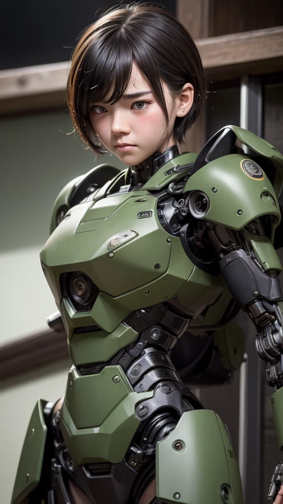 Textured skin, Very detailed, Attention to detail, high quality, 最high quality, High resolution, 1080P, hard disk, beautiful,(War Machine),beautifulサイボーグ女性,Dark Green Mecha Cyborg Girl,Fight,Girl with a mechanical body,、Kindergarten girl　Boyish short hair、Sweaty brown eyes、Sweaty face、Expressions of distress　Blushing　cute　Black-haired　((Steam coming from the head)) (Steam coming out of the whole body) Cool pose　No skin showing　Transformation pose