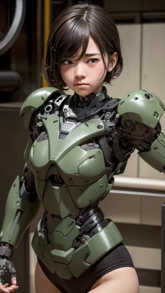 Textured skin, Very detailed, Attention to detail, high quality, 最high quality, High resolution, 1080P, hard disk, beautiful,(War Machine),beautifulサイボーグ女性,Dark Green Mecha Cyborg Girl,Fight,Girl with a mechanical body,、Kindergarten girl　Boyish short hair、Sweaty brown eyes、Sweaty face、Expressions of distress　Blushing　cute　Black-haired　((Steam coming from the head)) (Steam coming out of the whole body) Cool pose　No skin showing　Transformation pose