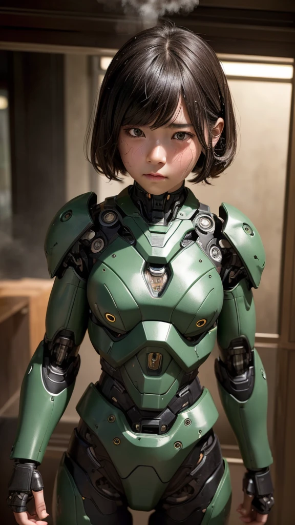 Textured skin, Very detailed, Attention to detail, high quality, 最high quality, High resolution, 1080P, hard disk, beautiful,(War Machine),beautifulサイボーグ女性,Dark Green Mecha Cyborg Girl,Fight,Girl with a mechanical body,、Kindergarten girl　Boyish short hair、Sweaty brown eyes、Sweaty face、Expressions of distress　Blushing　cute　Black-haired　((Steam coming from the head)) (Steam coming out of the whole body) Cool pose　No skin showing　Transformation pose