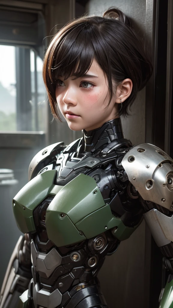 Textured skin, Very detailed, Attention to detail, high quality, 最high quality, High resolution, 1080P, hard disk, beautiful,(War Machine),beautifulサイボーグ女性,Dark Green Mecha Cyborg Girl,Fight,Girl with a mechanical body,、ergartl　Boyish short hair、Sweaty brown eyes、Sweaty face、Expressions of distress　Blushing　cute　Black-haired　((Steam coming from the head)) (Steam coming out of the whole body) Cool pose　No skin showing　Transformation pose