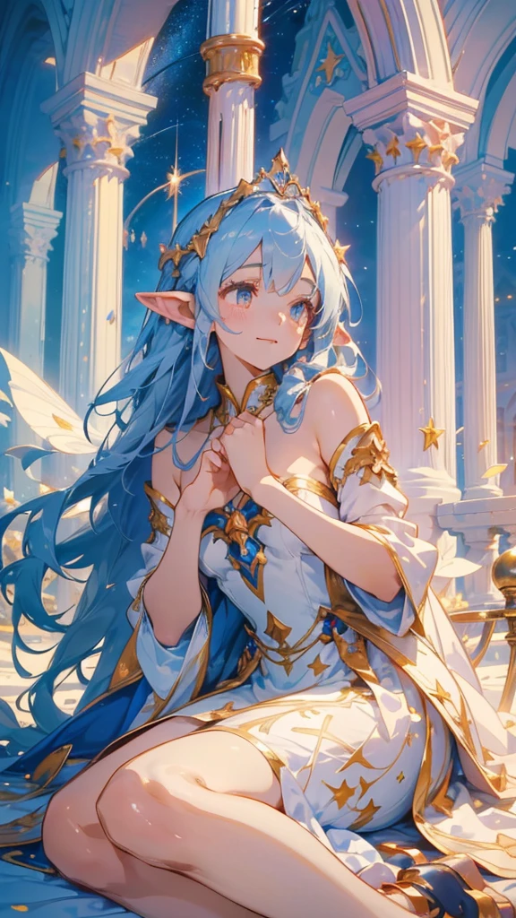 top-quality、Top image quality、​masterpiece、Super beautiful fairy girl((24 year old、Best Bust、big bast、Bust 90,beautiful blue ironed long hair、A slender、a closeup、Esbian、beautiful tiara、hiquality、Beautiful Art、Background with((starrysky)))masutepiece、visualart、depth of fields、low angle of morning sky、、Elven ears、、light magic、cosmoid night、harp melody🎵、Happy smile、Gentle light、、Beautiful and skin-friendly breasts、beautiful foot、、、Number of fingers with accurate finger movements、ticker beautiful dress、elegent、Mystical　　Field under the flower garden、Marble pillars bring light to the beautiful dressery world！prayer of hope🙏、